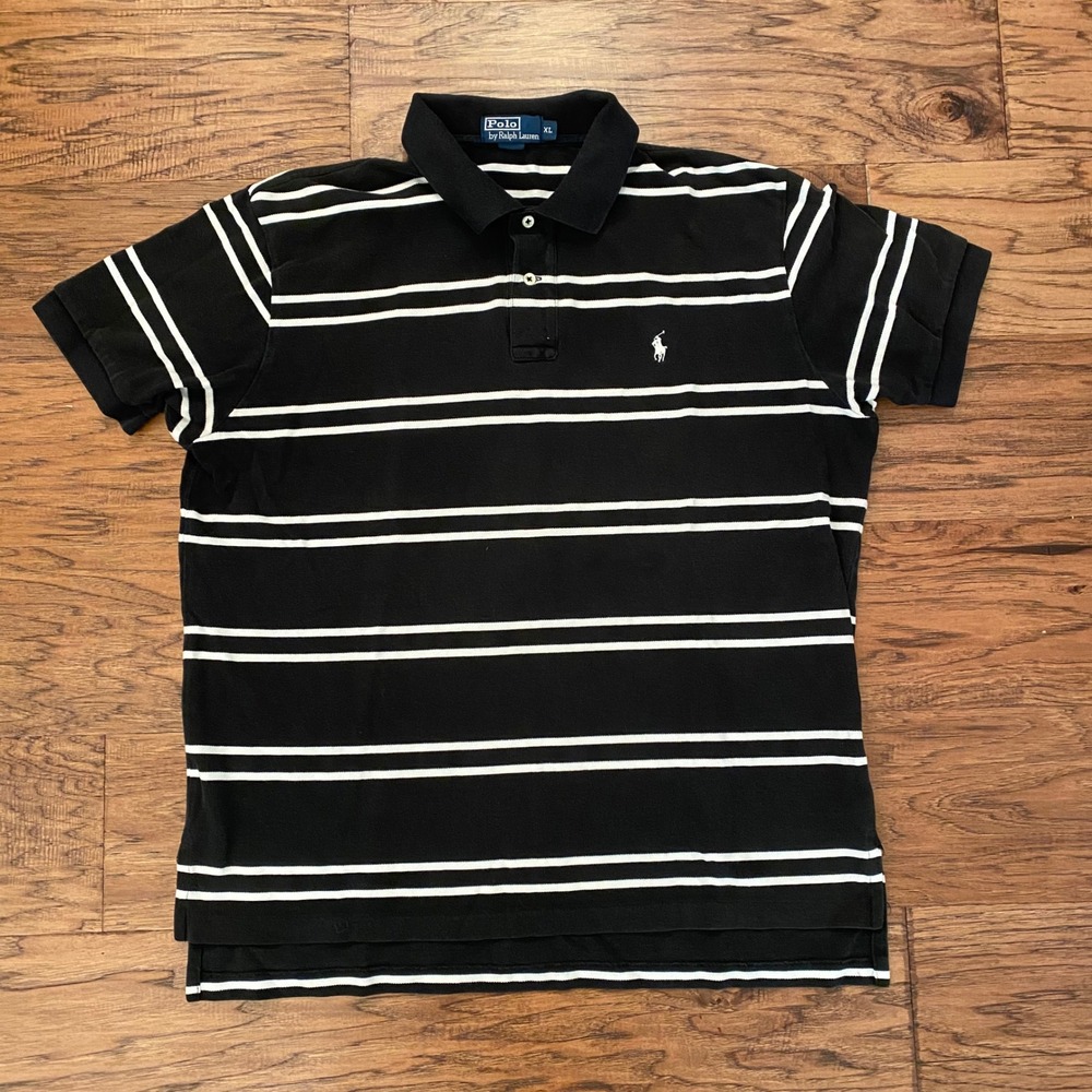 Polo Ralph Lauren Polo Shirt Mens XL Black White Striped Short Sleeve Pony Logo